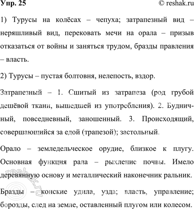 Изображение 25.	1) Прочитайте фразеологизмы и объясните их значения.Турусы на колёсах — чепуха, затрапезный вид — неряшливый вид, перековать мечи на орала — призыв отказаться...