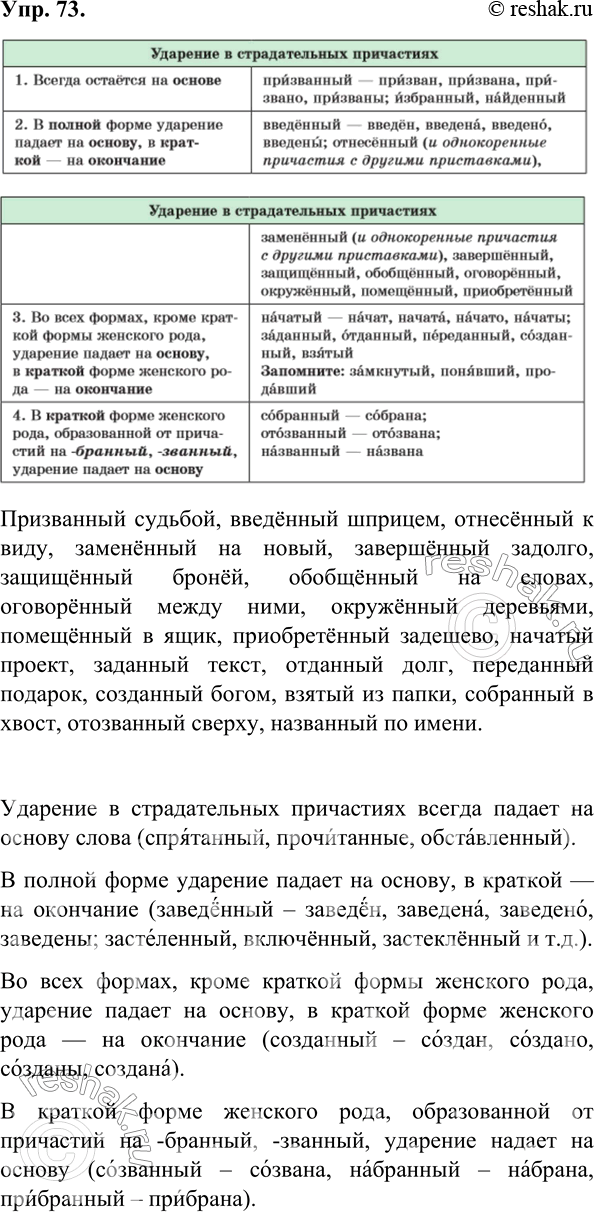 Изображение 73. Познакомьтесь с информацией, содержащейся в таблице. Расскажите об особенностях ударения в страдательных причастиях, приведите примеры. Составьте словосочетания с...